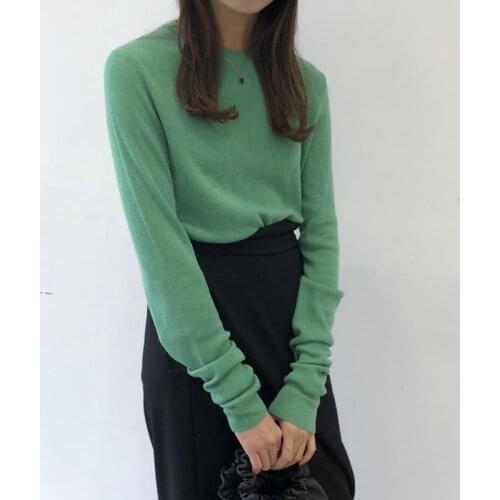Women Pullover Sweater Basic Solid Crew Neck Tops Knitted Wool Blended Sweaters