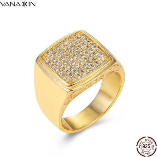 VANAXIN 925 Sterling Silver Jewelry White Black AAA Cubic Zirconia Gold Color Ring For Women Men Party Rings Wide Jewelry Gift
