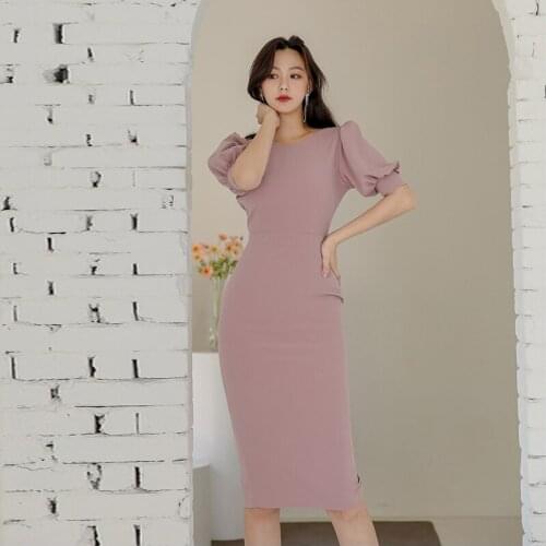 New arrival fashion spring party midi dress women OL temperament sweet pink sexy backless o-neck puff sleeve split pencil dress
