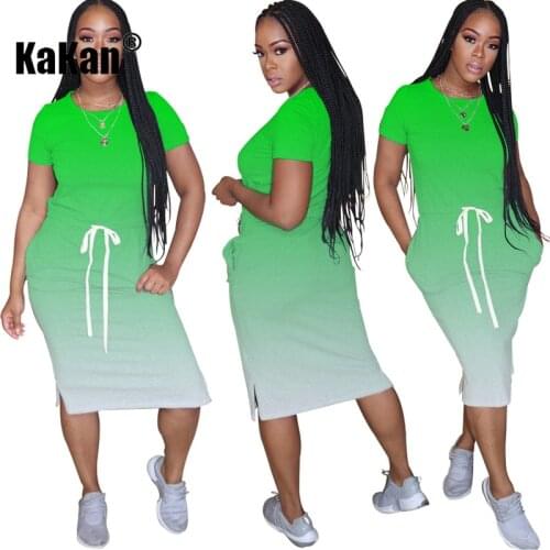 KaKan European and American Casual Round Neck Gradient Multicolor Dress Hem Split Dress