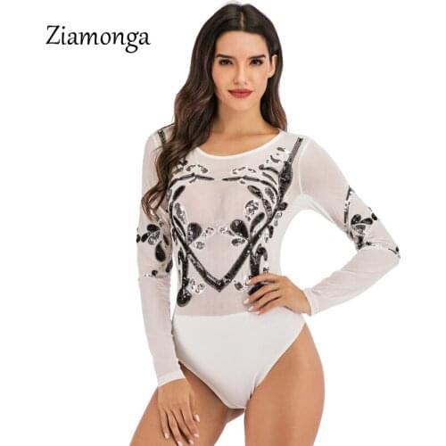 Ziamonga Sexy Shining Sequins Jumpsuit Spring Bodysuits Women Body Long Sleeve Leotard Sequined Night Clubwear Party Romper