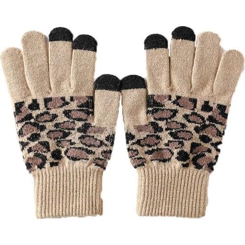Winter Women Warm Stretch Nylon Knit Sport Cycling Glove Leopard Full Finger Plus Plush Thick Touch Screen Driving Mitten I96