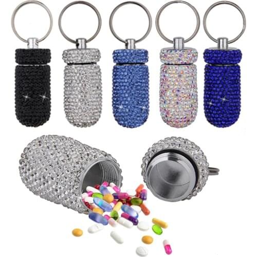 2Pcs Medicine Pill Case Box Outdoor Waterproof Rhinestone Keychain Container It would be ideal to store emergency pill, capsule