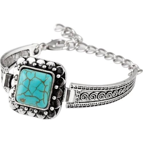 Antique Silver Plated Link Chain Square Shape Green Turquoises Stone Bracelet Fashion Jewelry