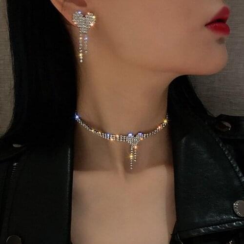 Shiny Fashion Crystal Heart Choker Necklace for Women Cute Rhinestone Love Stud Earrings Korean Trendy Kpop Jewelry Sets MS368