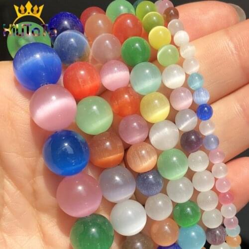 Multicolor Cat Eye Stone Round Beads Natural Opal Round Loose Beads For DIY Jewelry Making Bracelet Charms 15'' 4 6 8 10 12mm