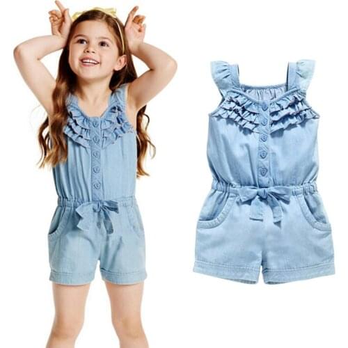 Kids Girls Clothing Rompers Denim Blue Cotton Washed Jeans Sleeveless Bow Jumpsuits 0-5Year Kids Clothes