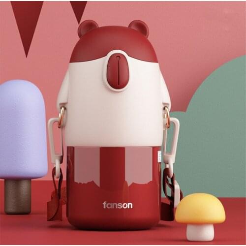 Childrens Fun Bear 304 Stainless Steel Heat Preservation Cup Lovely Childrens Straw, Water Cup Kindergarten Strap Cartoon