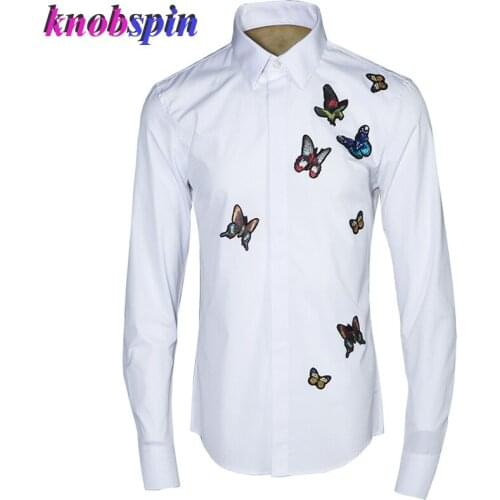 Elegant Butterfly Embroidery men shirt Long sleeve Turn-down collar Slim Casual Camisa masculina 2019 Business male Dress Shirts