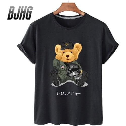 100% Cotton Aviator Bear Print Short-sleeved T-shirt Womens Half-sleeved Summer Casual Oversized T-shirt Ladies Shirt S-4XL