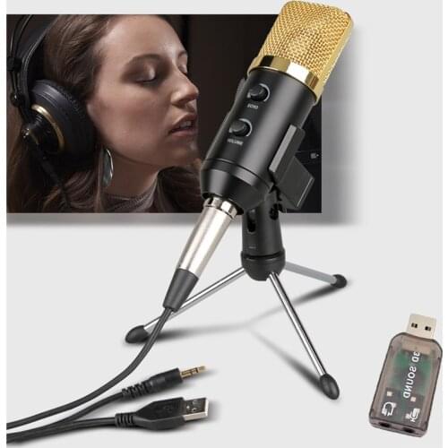 Condenser Microphone For Computer Wired Audio 3.5mm Studio Cardioid Pick-Up Mic With Tripod Stand and USB Audio Adapter F100TL