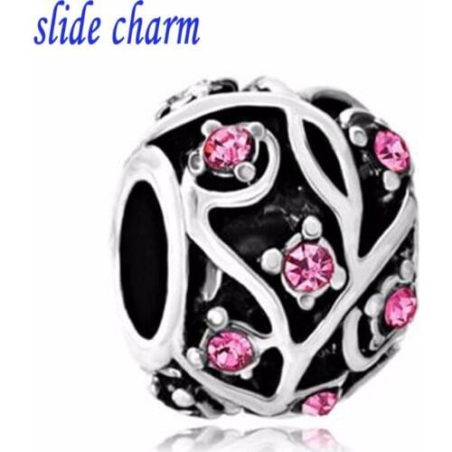 Slide charm wholesale Free shipping Round Flower Charm Bracelets October Birthstone Rose Crystal fit Pandora bracelet
