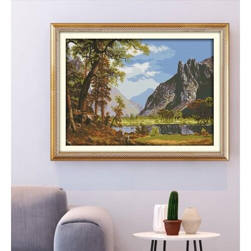HUACAN Cross Stitch Mountain Kits 14ct 11ct White Canvas Cross Stitch Lake Set DIY Embroidery Needlework Gift