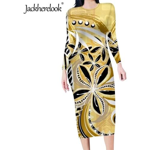Jackherelook Polynesian Tribal Hibiscus Floral Pattern Women Sexy Bodycon Midi Pencil Dress Office Lady Slim Dresses Vestidos