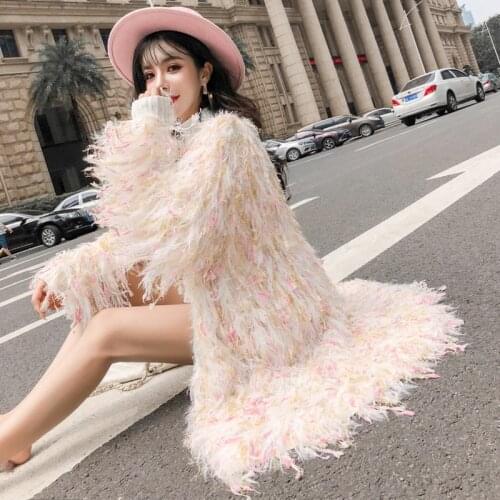 Korean Women Winter Luxury Shiny Sequins Sweater Cardigan Mohair Loose Knit Fringed Handmade Crocheted Jacket Fluffy Long Coats