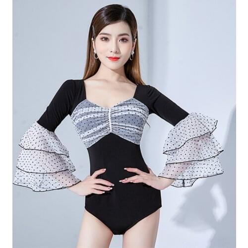 Latin Dance Leotard Retro Polka Dot Mesh Cake Sleeve Ballroom Dancing Performance Costume Tango Samba Practice Clothing YS1858