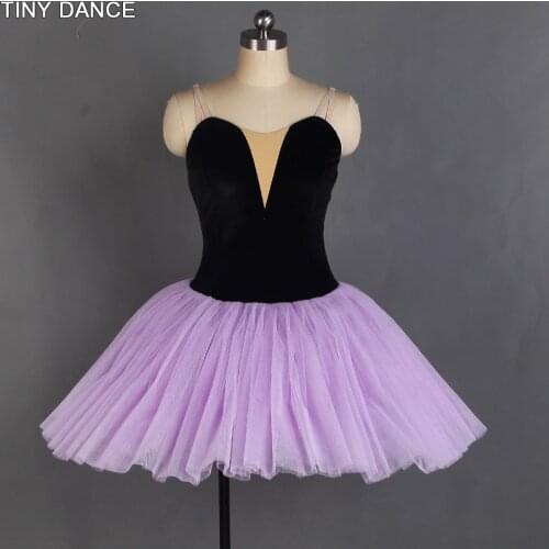 Top Selling Bell-shaped Ballet Dance Tutu Costume Black Velvet Camisole Leotard Bodice with Lilac Platter Tutu Skirt BLL095-1
