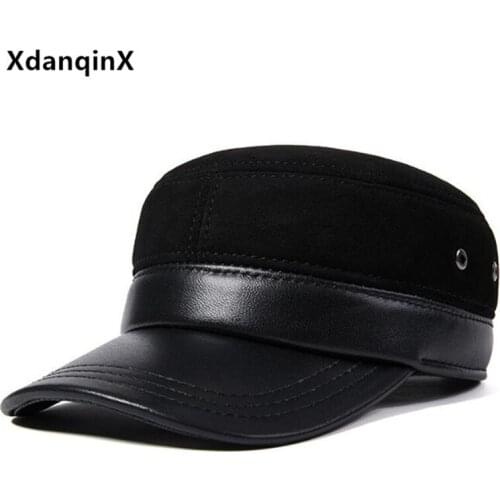 XdanqinX winter mens genuine leather cap natural sheepskin leather army Military Hats new trend brands leather cap men flat cap