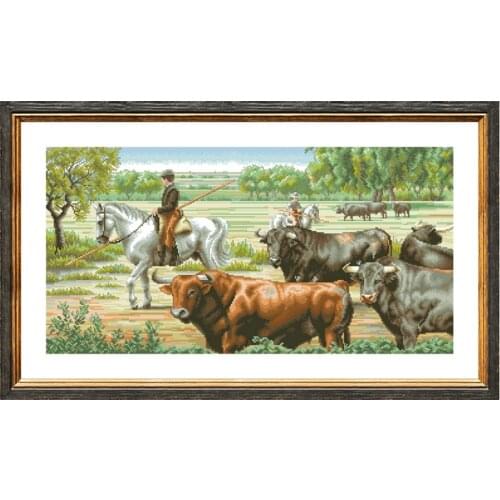 Pasture cross embroidery kit bull animal pattern 18ct 14ct 11ct unprint canvas Cross-stitch DIY needlework