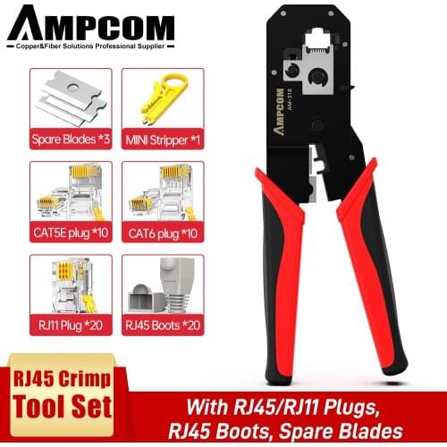 AMPCOM RJ45 Crimping Tool, 8P/6P-RJ11, RJ12 Crimper Cutter Stripper Crimper Cutter Stripper Plier