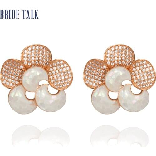 Bride Talk Wholesale Jewelry Nice Flower Shaped Cubic Zirconia Shell Earrings For Women Luxury Cute Crescent Clip Earring