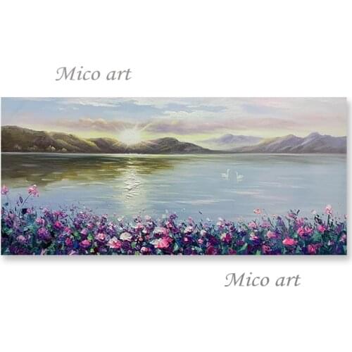 Outdoor Landscape Canvas Picture 100% Hand-painted Lake Scenery Flowers Oil Painting No Frame Wall Decorative Canvas Art Picture
