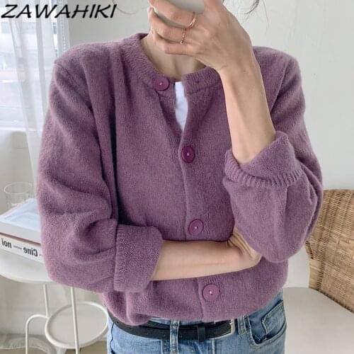 ZAWAHIKI Purple Gentle Sweaters Cardigan Solid New Autumn Winter Casual All-match O Neck Sweater Long Sleeve Womens Tops