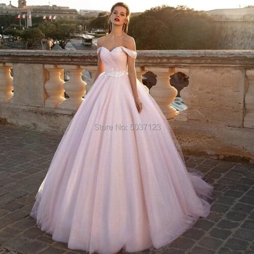Pink Off the Shoulder A line Princess Wedding Dresses Tulle Sweetheart Lace Up Bridal Wedding Gown Vestido De Noiva Court Train
