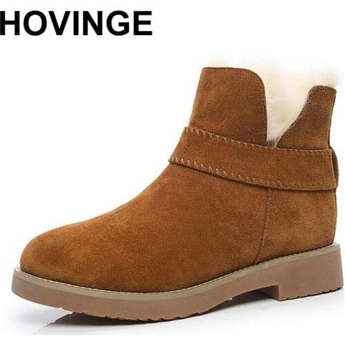 HOVINGE Genuine Leather wool snow boots Short tube warm cotton boots Round head woman boots Winter cotton shoes Botas