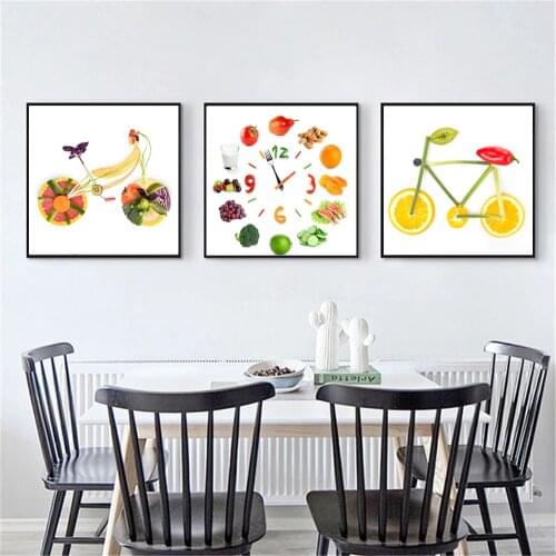 Nordic Fruit Lemon Bicycle Art Vegetables Poster Wall Clock Food Painting Restaurant Pictures Home Kitchen Decoration Cuadros