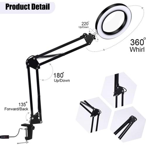 Foldable Professional 5X Magnifying Glass Desk Lamp Magnifier LED Light Reading Lamp with Three Dimming Modes USB Power Supply