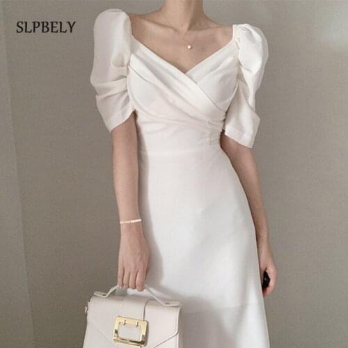 SLPBELY French Womens Dresses Summer Elegant V Neck Short Sleeve Chiffon Dress Party Midi Dress Casual Women Clothing Sundress