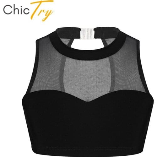 ChicTry Kids Teens Mesh Splice Sports Dance Bra Tops Children Girls Gymnastics Ballet Crop Top Stage Performance Dance Costume