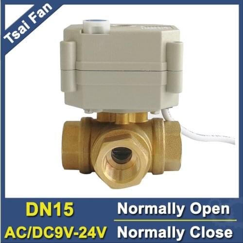 TF15-BH3-B AC/DC9-24V 2 Wires Metal Gear 3 Way T/L Type Horizontal Power Off Return Motorized Ball Valve Brass 1/2'' (DN15)