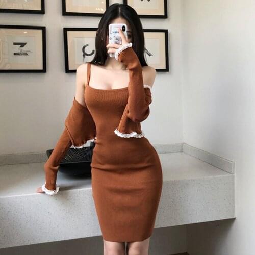 Chic Solid Autumn Spaghetti Strap Knitting Dress Wrap Hip Mini Fashion Sets V Neck Cardigan Crop Long Sleeve Lace Thin Sweaters