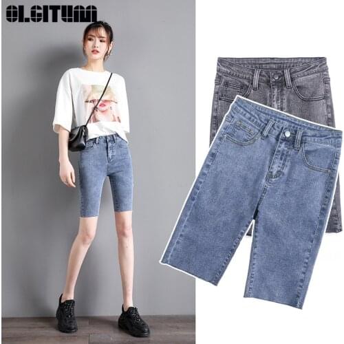 Denim Knee Length Pants Women Summer 2020 New Thin High Waist Solid Riding Pants Streetwear Hole Jeans Trousers Femme