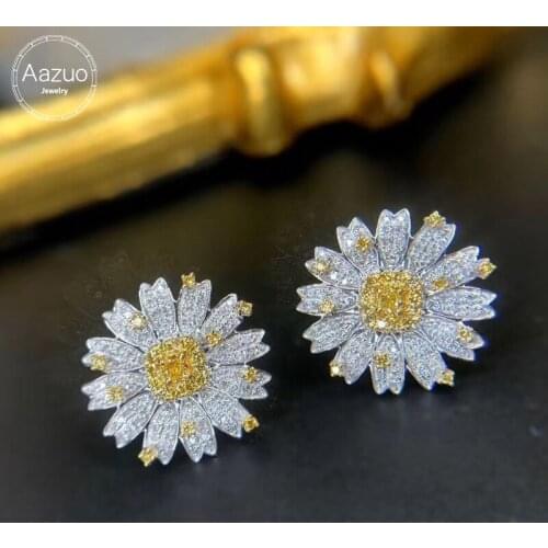 Aazuo Real 18K White Gold Real Yellow Diamond Flower Daisy Stud Earring gifted for Women Wedding Party Chain Real Gold Au750