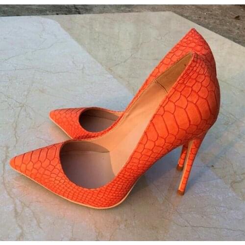 Orange Snakeskin Leather Women Pumps Pointed toe Shoes Woman Heels Slip-on Plus Size Women Shoes High Heels Customized