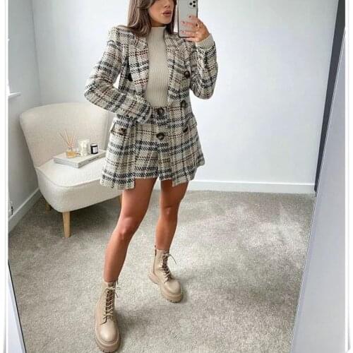 Spring Streetwear Short Suit Fashion Ladies Casual Women Beige Tweed Plaid Shorts Suit Female Elegant Blazer Suits