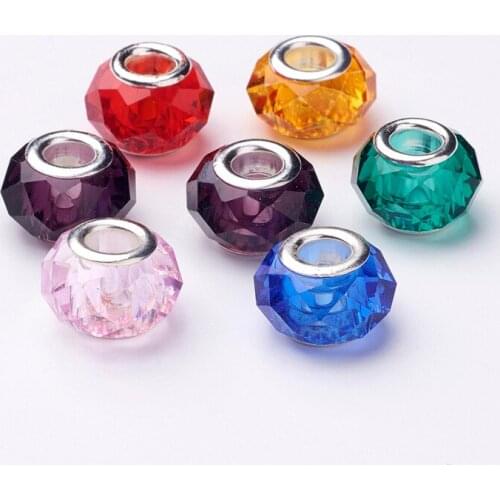 100pcs/lot 10x13mm Clear Faceted Glass European Loose Spacer Bead 5mm Large Hole Beads with Iron Core in Silver Color