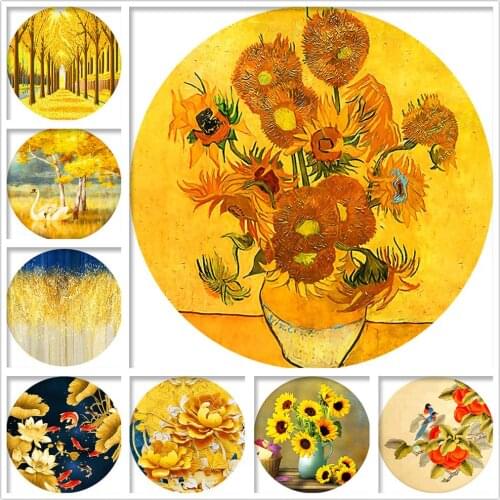 5D Diamond Painting Landscape Flowers DIY Diamond Embroidery Golden Theme Round Border Art Deco Painting