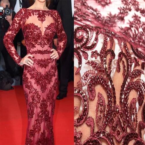 White/Yellow/Wine Color French Bridal Tulle Sequin Luxury Beading Lace Floral Embroidery Fabric High Quality Net Mesh for Sewing