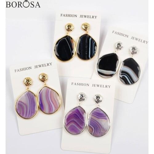BOROSA 5Pairs Gold Plated Bezel Natural Onyx Agates Dangle Earring Silver Black Purple Agates Women Earrings Jewelry WX1177