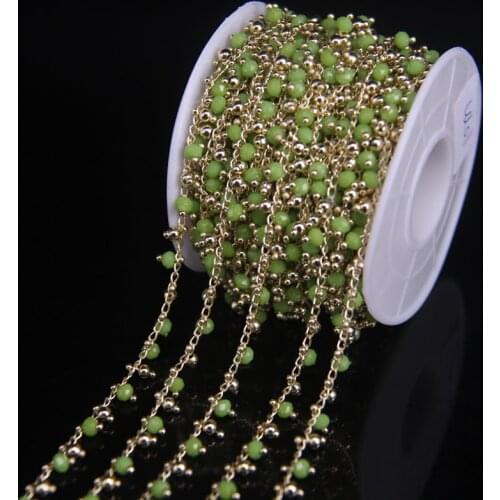 Rosary Chain,Green Faceted Glass&Copper beads Plating gold Chain,3x4mm Crystal Rondelle Bead Wire Wrapped Bracelet jewelry