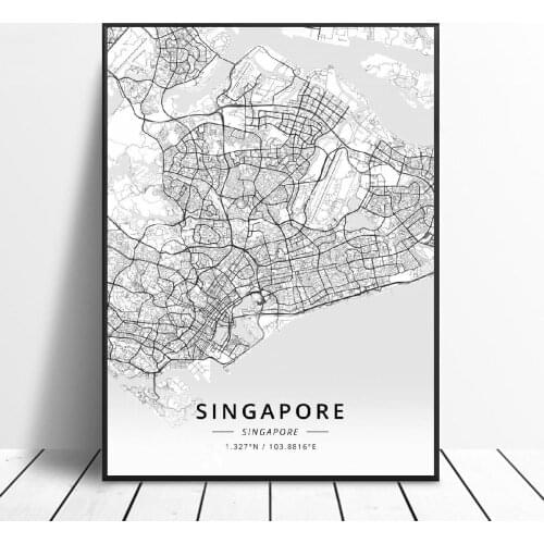 Black and White Singapoe Singapore Latitude Longitude Canvas Art Map Poster Decoration for living Room