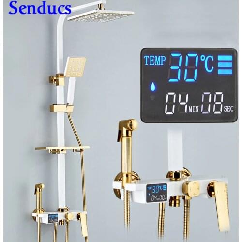 Senducs Digital Shower Set Quality Brass White Gold Bathroom Shower Series Luxury European Bathroom Temperature Shower Set