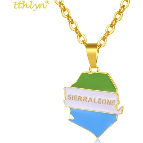 Ethlyn Hip-hop Rock Sierra Leone Map With Flag Pendant Necklaces for Women/Men Jewelry Gold Color Sierra Leonean Maps MY136