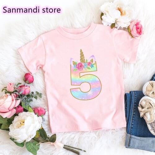 Golden 5th/6th/3th/9th/ Birthday Gift Print Tshirt Girls Pink Kids Clothes Cute Unicorn T Shirt Kawaii Children Clothing Tops