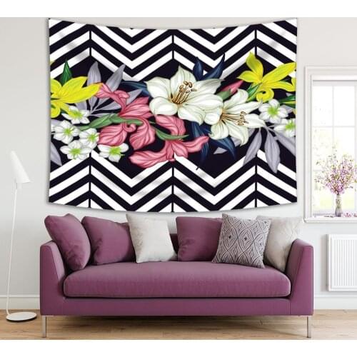 Tapestry Tropical Flowers Lilies Leaves Branches and Zigzag Geometric Pattern Printed Blue White Yellow