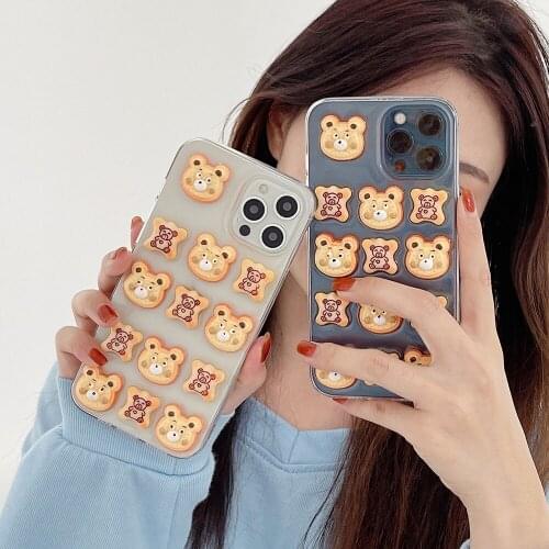 Korea 3D Cartoon Cute Cookie Bear Phone Case for iPhone11 Pro 12Pro Max X Xs XR 7 8 Plus Biscuit Transparent Soft Epoxy Cover